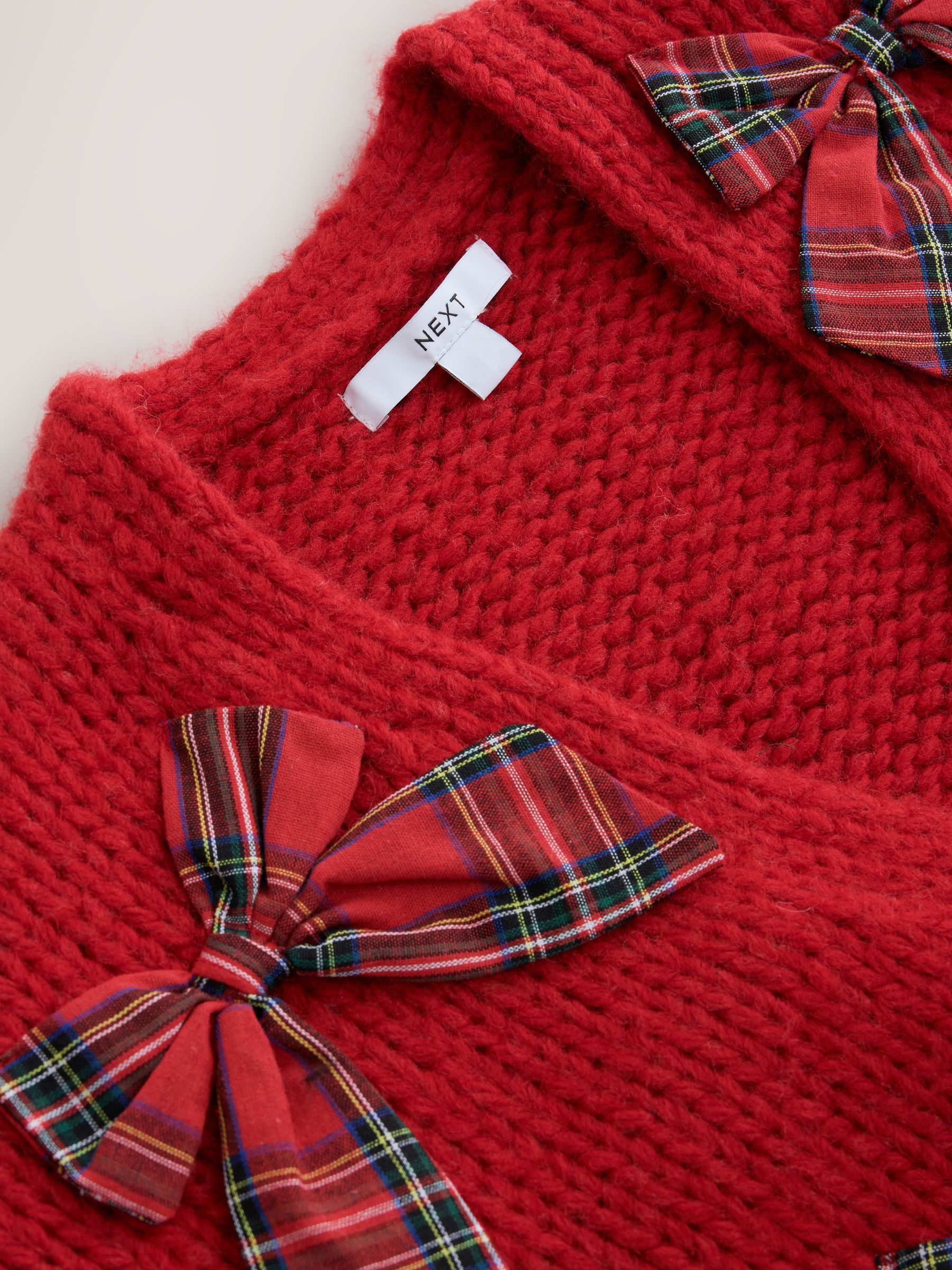 Comprar Red 3D Tartan Bow - Soft Touch Chunky Knit Open Cardigan