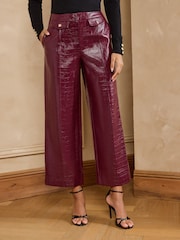 Love & Roses Berry Red Croc Faux Leather Wide Crop Trousers - Image 1 of 5
