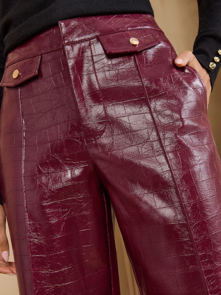 Love & Roses Berry Red Croc Faux Leather Wide Crop Trousers - Image 2 of 5 Love & Roses Berry Red Croc Faux Leather Wide Crop Trousers - Image 2 of 5