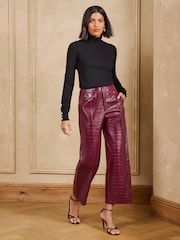 Love & Roses Berry Red Croc Faux Leather Wide Crop Trousers - Image 3 of 5