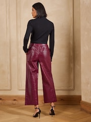Love & Roses Berry Red Croc Faux Leather Wide Crop Trousers - Image 4 of 5