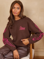 Love & Roses Chocolate Brown Cheetah Sleeve Jersey Sweatshirt - Image 1 of 5
