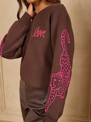 Love & Roses Chocolate Brown Cheetah Sleeve Jersey Sweatshirt - Image 2 of 5