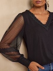 Love & Roses Black Spot Mesh Long Sleeve V-Neck Top - Image 2 of 4