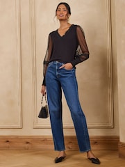 Love & Roses Black Spot Mesh Long Sleeve V-Neck Top - Image 3 of 4