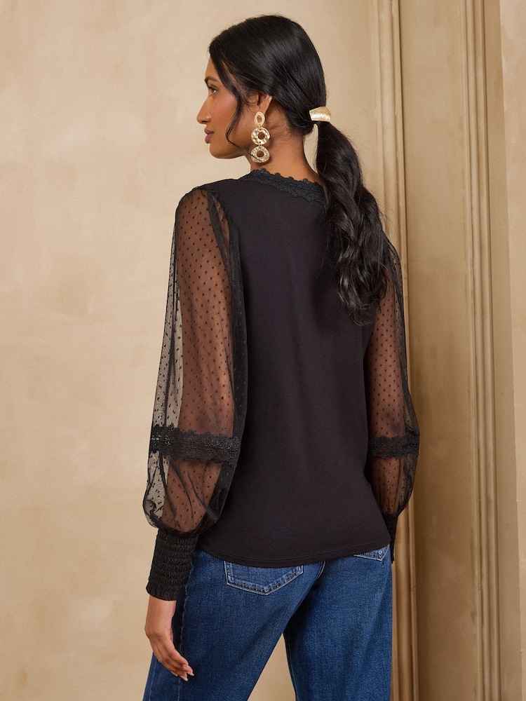 Love & Roses Black Spot Mesh Long Sleeve V-Neck Top - Image 4 of 4