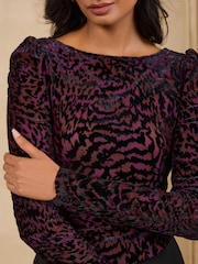 Love & Roses Burgundy Red Burnout Slash Neck Long Sleeve Top - Image 2 of 5