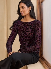 Love & Roses Burgundy Red Burnout Slash Neck Long Sleeve Top - Image 3 of 5
