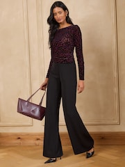 Love & Roses Burgundy Red Burnout Slash Neck Long Sleeve Top - Image 4 of 5