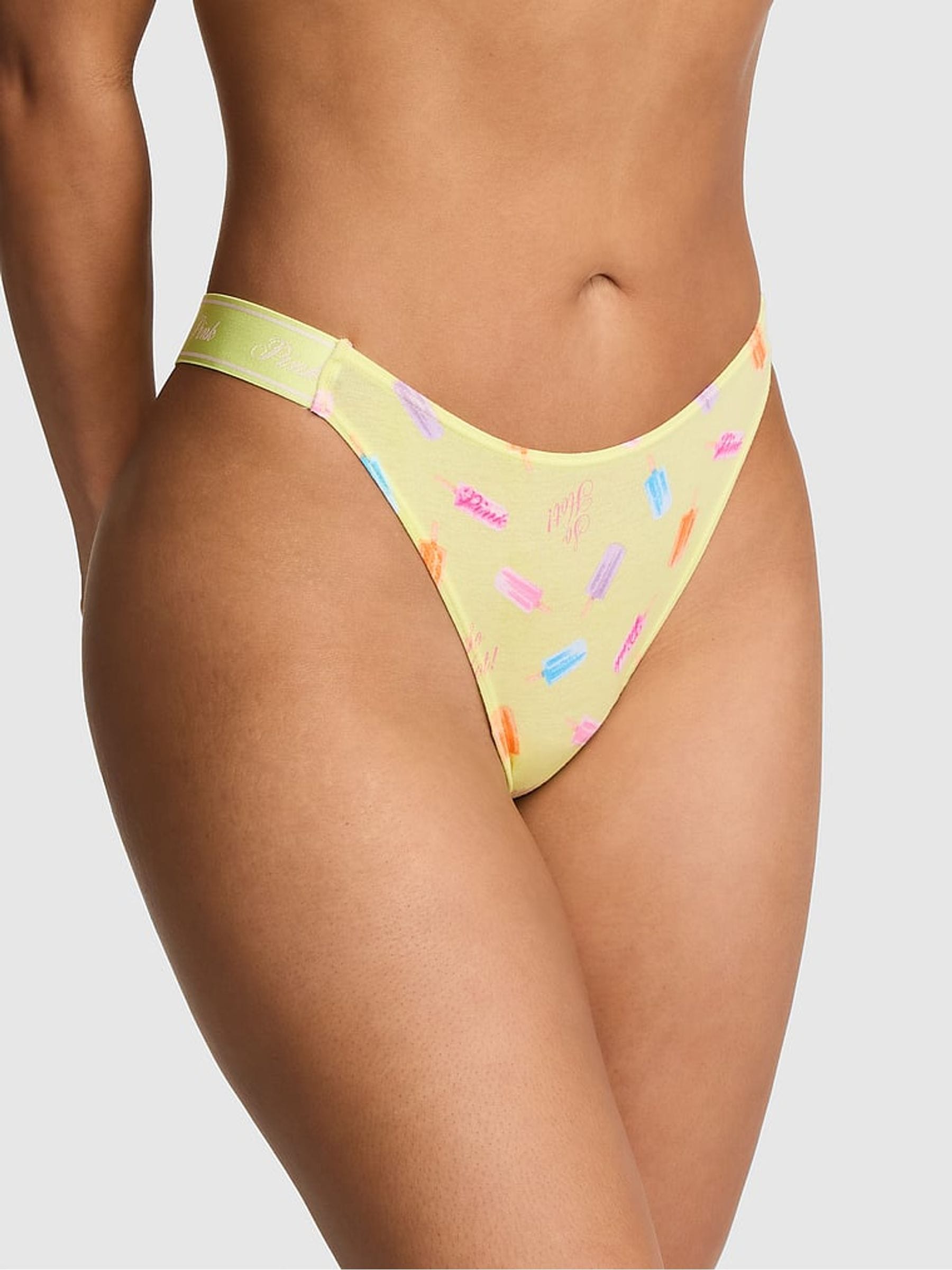 Victoria's Secret PINK Tropical Pear Green Thong Cotton Logo Knickers