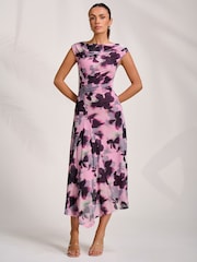 Jolie Moi Pink Asymmetric Draped Mesh Midaxi Dress - Image 1 of 7