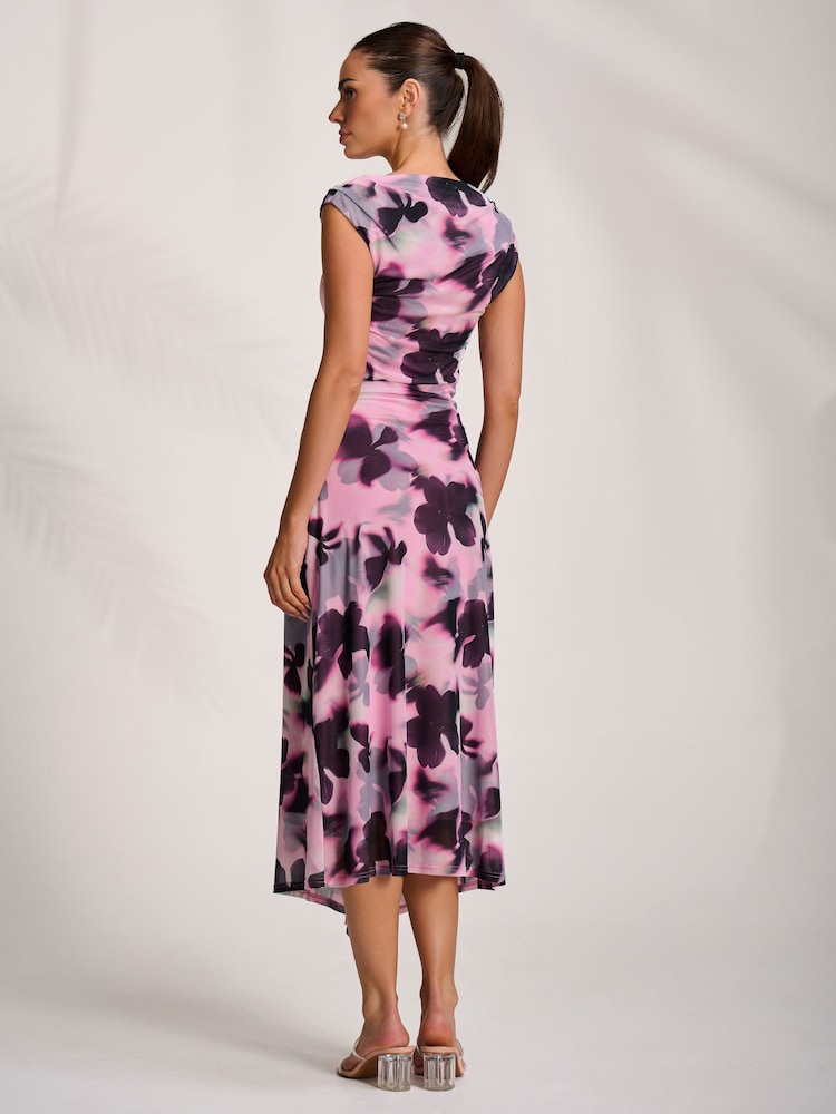 Jolie Moi Pink Asymmetric Draped Mesh Midaxi Dress - Image 2 of 7 Jolie Moi Pink Asymmetric Draped Mesh Midaxi Dress - Image 2 of 7