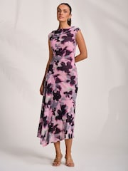 Jolie Moi Pink Asymmetric Draped Mesh Midaxi Dress - Image 3 of 7
