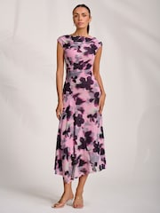 Jolie Moi Pink Asymmetric Draped Mesh Midaxi Dress - Image 5 of 7