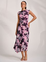 Jolie Moi Pink Asymmetric Draped Mesh Midaxi Dress - Image 6 of 7