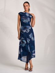 Jolie Moi Blue Asymmetric Draped Mesh Midaxi Dress - Image 1 of 7