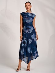 Jolie Moi Blue Asymmetric Draped Mesh Midaxi Dress - Image 4 of 7