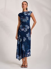 Jolie Moi Blue Asymmetric Draped Mesh Midaxi Dress - Image 5 of 7