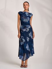 Jolie Moi Blue Asymmetric Draped Mesh Midaxi Dress - Image 6 of 7