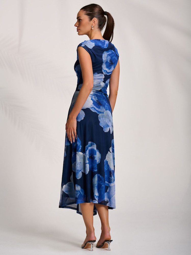 Jolie Moi Blue Asymmetric Draped Mesh Midaxi Dress - Image 2 of 7 Jolie Moi Blue Asymmetric Draped Mesh Midaxi Dress - Image 2 of 7