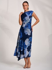 Jolie Moi Blue Asymmetric Draped Mesh Midaxi Dress - Image 3 of 7