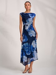 Jolie Moi Blue Asymmetric Draped Mesh Midaxi Dress - Image 4 of 7