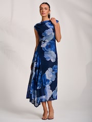 Jolie Moi Blue Asymmetric Draped Mesh Midaxi Dress - Image 5 of 7