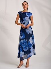 Jolie Moi Blue Asymmetric Draped Mesh Midaxi Dress - Image 7 of 7