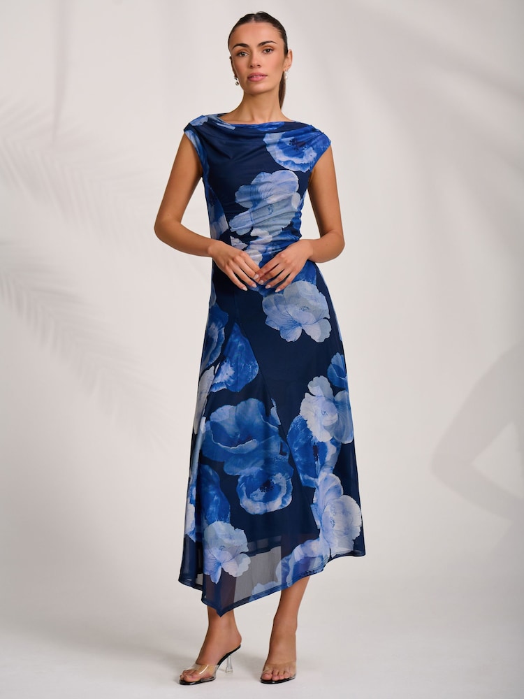 Jolie Moi Blue Asymmetric Draped Mesh Midaxi Dress - Image 7 of 7 Jolie Moi Blue Asymmetric Draped Mesh Midaxi Dress - Image 7 of 7