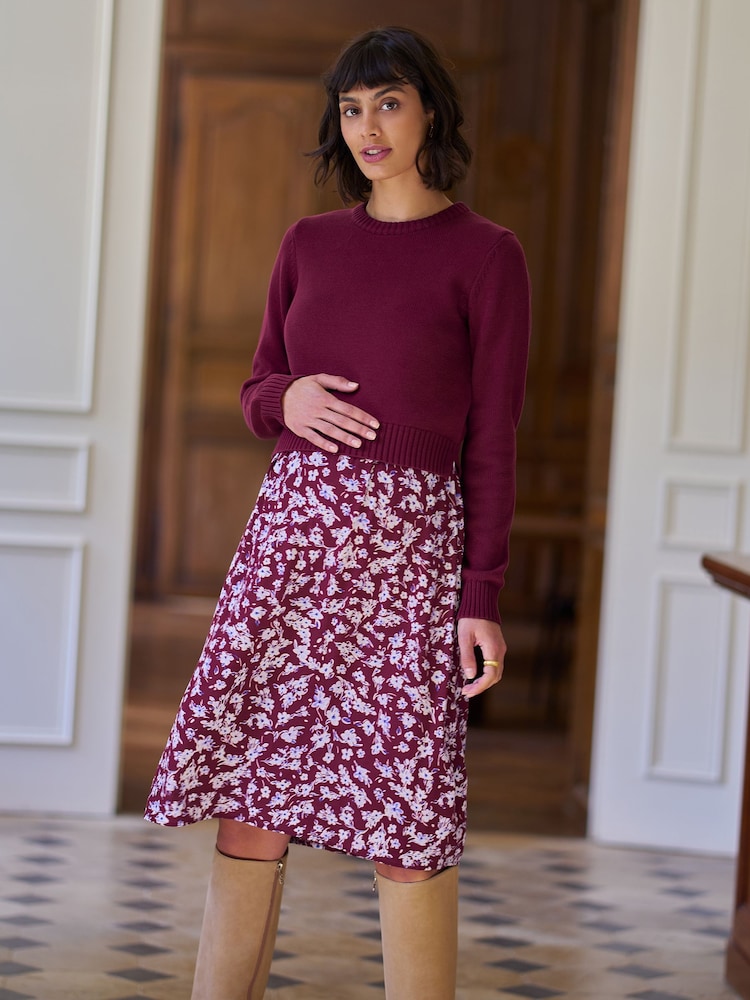 Seraphine Burgundy Red Print Premium Crew Neck Maternity Nursing Jumper & Dress Set - Image 1 of 9 Seraphine Burgundy Red Print Premium Crew Neck Maternity Nursing Jumper & Dress Set - Image 1 of 9