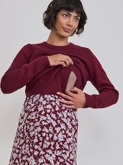 Seraphine Burgundy Red Print Premium Crew Neck Maternity Nursing Jumper & Dress Set - Image 9 of 9
