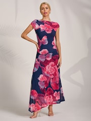 Jolie Moi Pink Asymmetric Draped Mesh Midaxi Dress - Image 1 of 7