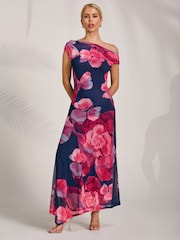 Jolie Moi Pink Asymmetric Draped Mesh Midaxi Dress - Image 4 of 7