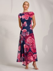 Jolie Moi Pink Asymmetric Draped Mesh Midaxi Dress - Image 5 of 7