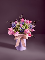Lilac Purple Mother's Day Luxury Tulip and Hyacinth Fresh Flower Bouquet in Hatbox - Image 1 of 5