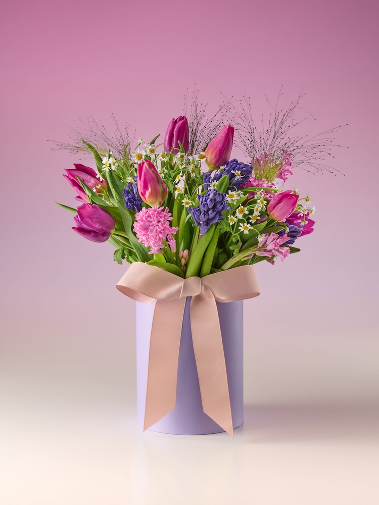 Lilac Purple Mother's Day Luxury Tulip and Hyacinth Fresh Flower Bouquet in Hatbox - Image 2 of 5