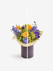 Blue/Yellow Germini and Hyacinth Fresh Flower Bouquet in Hatbox - Image 2 of 5