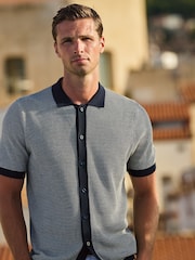 Brook Taverner Blue Button Through Knitted Cotton Blend Polo Shirt - Image 1 of 4