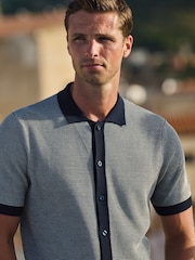 Brook Taverner Blue Button Through Knitted Cotton Blend Polo Shirt - Image 2 of 4