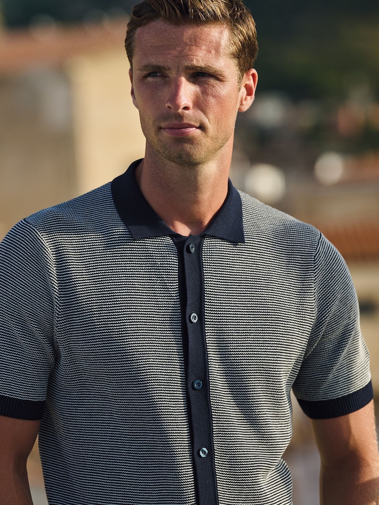 Brook Taverner Blue Button Through Knitted Cotton Blend Polo Shirt - Image 2 of 4