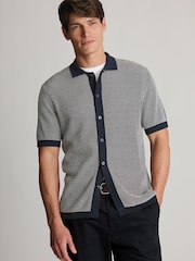 Brook Taverner Blue Button Through Knitted Cotton Blend Polo Shirt - Image 3 of 4