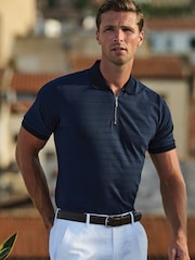 Brook Taverner Blue Popcorn Textured Stripe Zip Neck Cotton Polo Shirt - Image 1 of 6