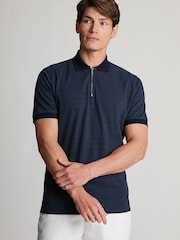 Brook Taverner Blue Popcorn Textured Stripe Zip Neck Cotton Polo Shirt - Image 3 of 6