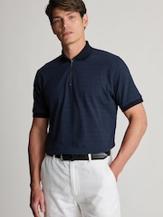 Brook Taverner Blue Popcorn Textured Stripe Zip Neck Cotton Polo Shirt - Image 4 of 6