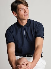 Brook Taverner Blue Popcorn Textured Stripe Zip Neck Cotton Polo Shirt - Image 5 of 6