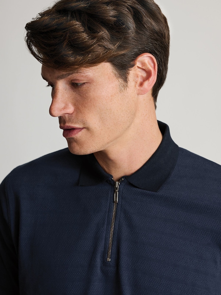 Brook Taverner Blue Popcorn Textured Stripe Zip Neck Cotton Polo Shirt - Image 7 of 7 Brook Taverner Blue Popcorn Textured Stripe Zip Neck Cotton Polo Shirt - Image 7 of 7