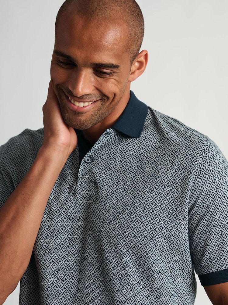 Brook Taverner Blue Geo Cotton Jersey Polo Shirt - Image 2 of 6