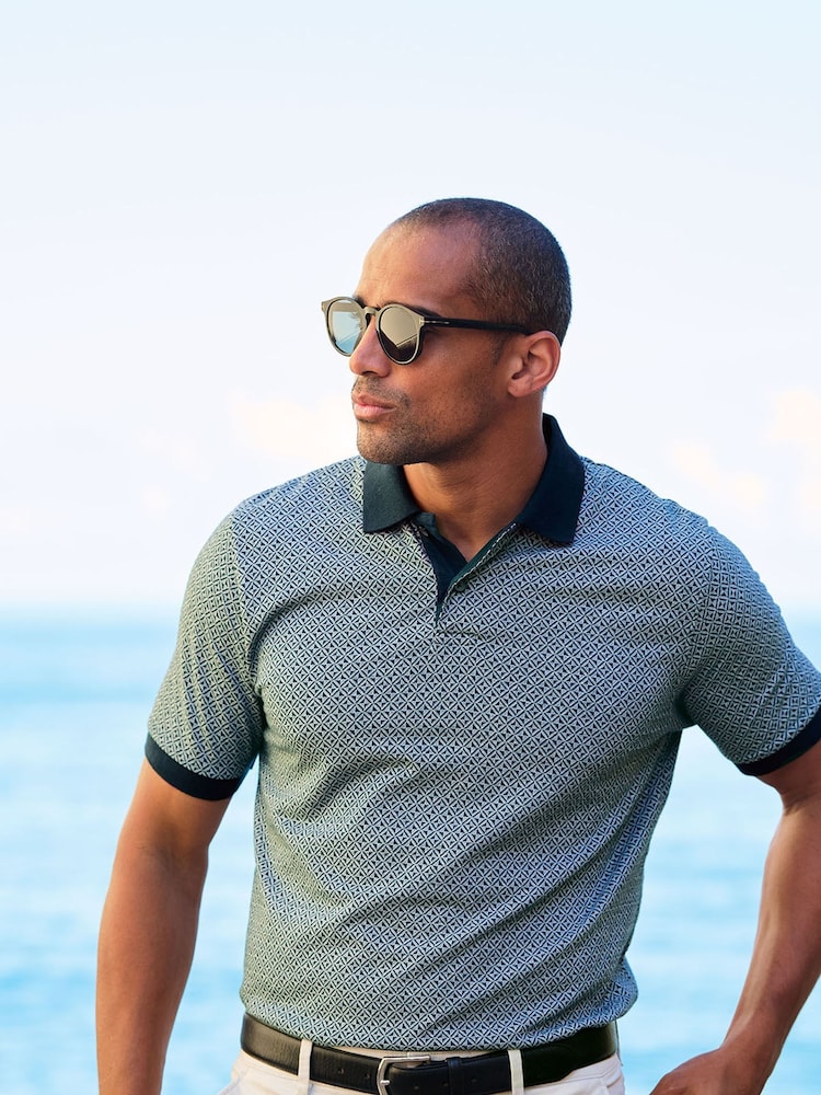 Brook Taverner Blue Geo Cotton Jersey Polo Shirt - Image 6 of 6