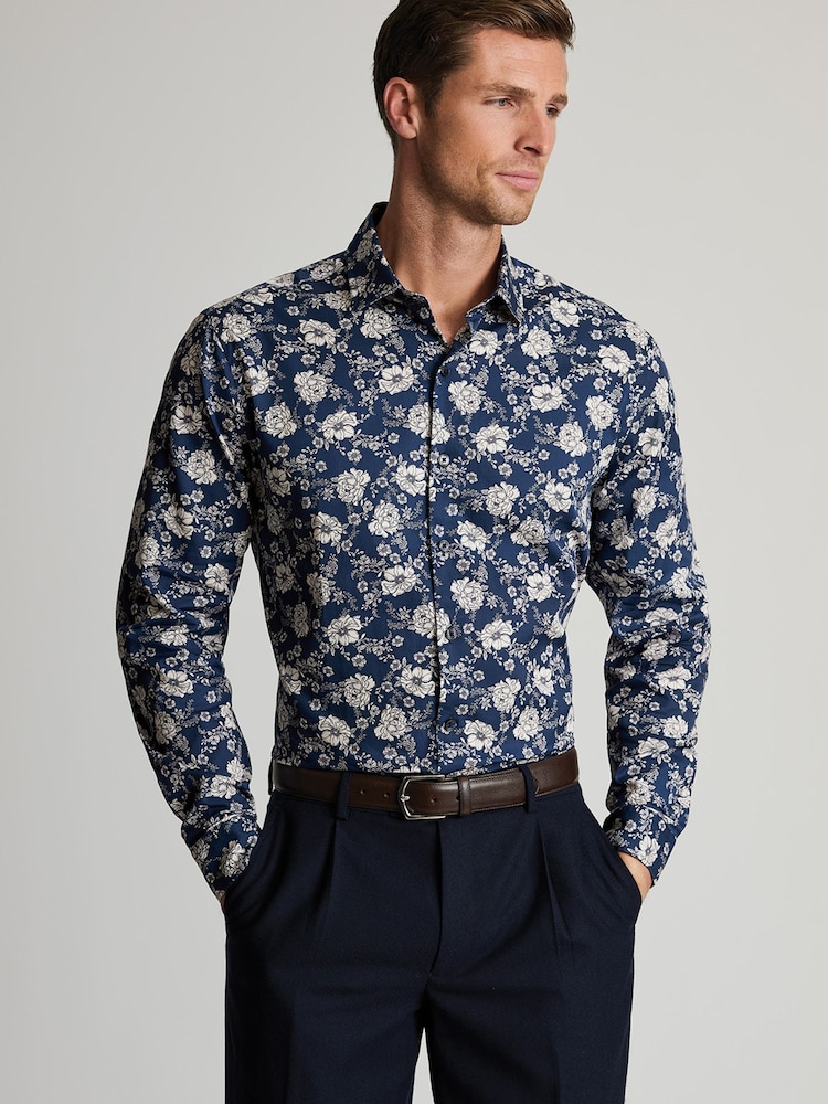 Brook Taverner Blue Floral Print Cotton Shirt - Image 1 of 5 Brook Taverner Blue Floral Print Cotton Shirt - Image 1 of 5