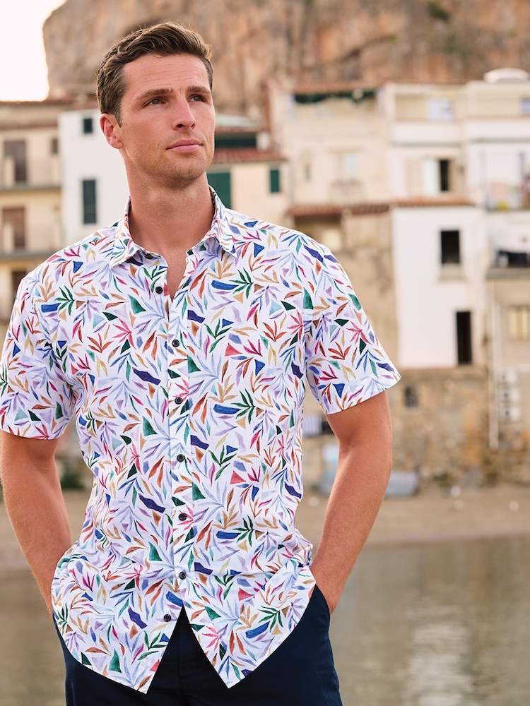 Brook Taverner Blue Multicolour Abstract Watercolour Leaf Print Short Sleeve Shirt - Image 1 of 6 Brook Taverner Blue Multicolour Abstract Watercolour Leaf Print Short Sleeve Shirt - Image 1 of 6